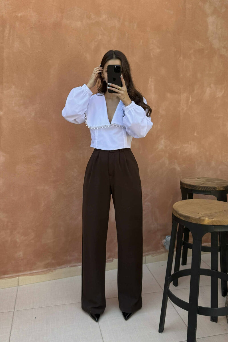 ONE COLOR LONG SLEEVE V NECK WOMEN SHIRT WHITE-E BARDHE - 4