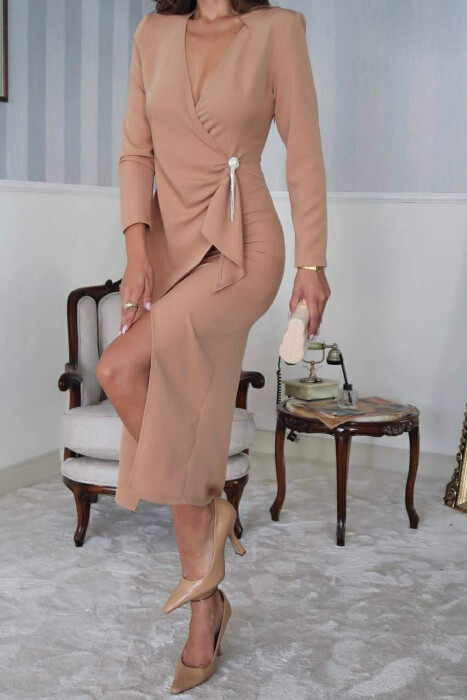 ONE COLOR LONG SLEEVE WOMEN DRESS BEIGE/BEZHE - 2