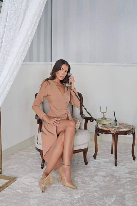 ONE COLOR LONG SLEEVE WOMEN DRESS BEIGE/BEZHE - 3