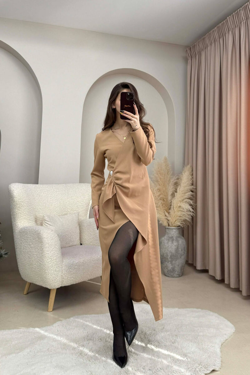 ONE COLOR LONG SLEEVE WOMEN DRESS BEIGE/BEZHE - 2
