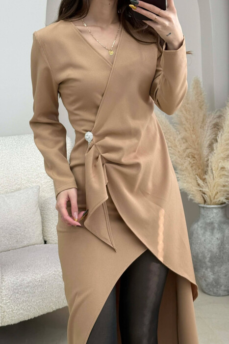 ONE COLOR LONG SLEEVE WOMEN DRESS BEIGE/BEZHE - 3