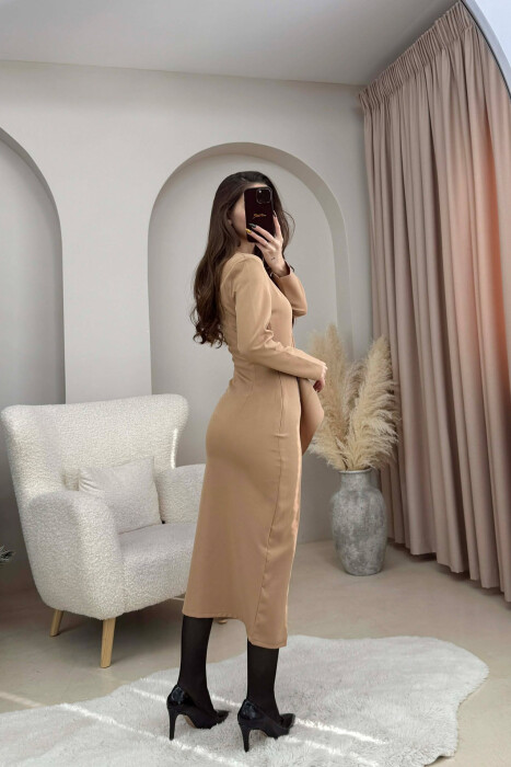 ONE COLOR LONG SLEEVE WOMEN DRESS BEIGE/BEZHE - 4