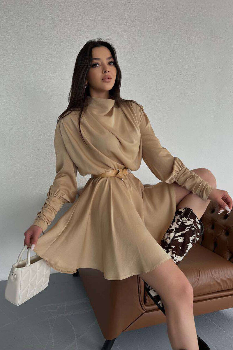 ONE COLOR LONG SLEEVE WOMEN DRESS BEIGE/BEZHE - 1
