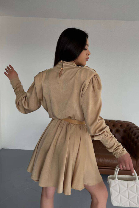 ONE COLOR LONG SLEEVE WOMEN DRESS BEIGE/BEZHE - 2