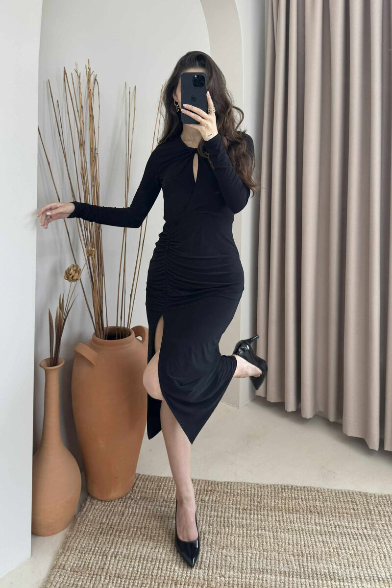 ONE COLOR LONG SLEEVE WOMEN DRESS BLACK/ E ZEZE - 4