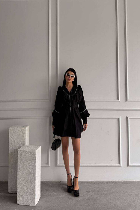 ONE COLOR LONG SLEEVE WOMEN DRESS BLACK/ E ZEZE - 3