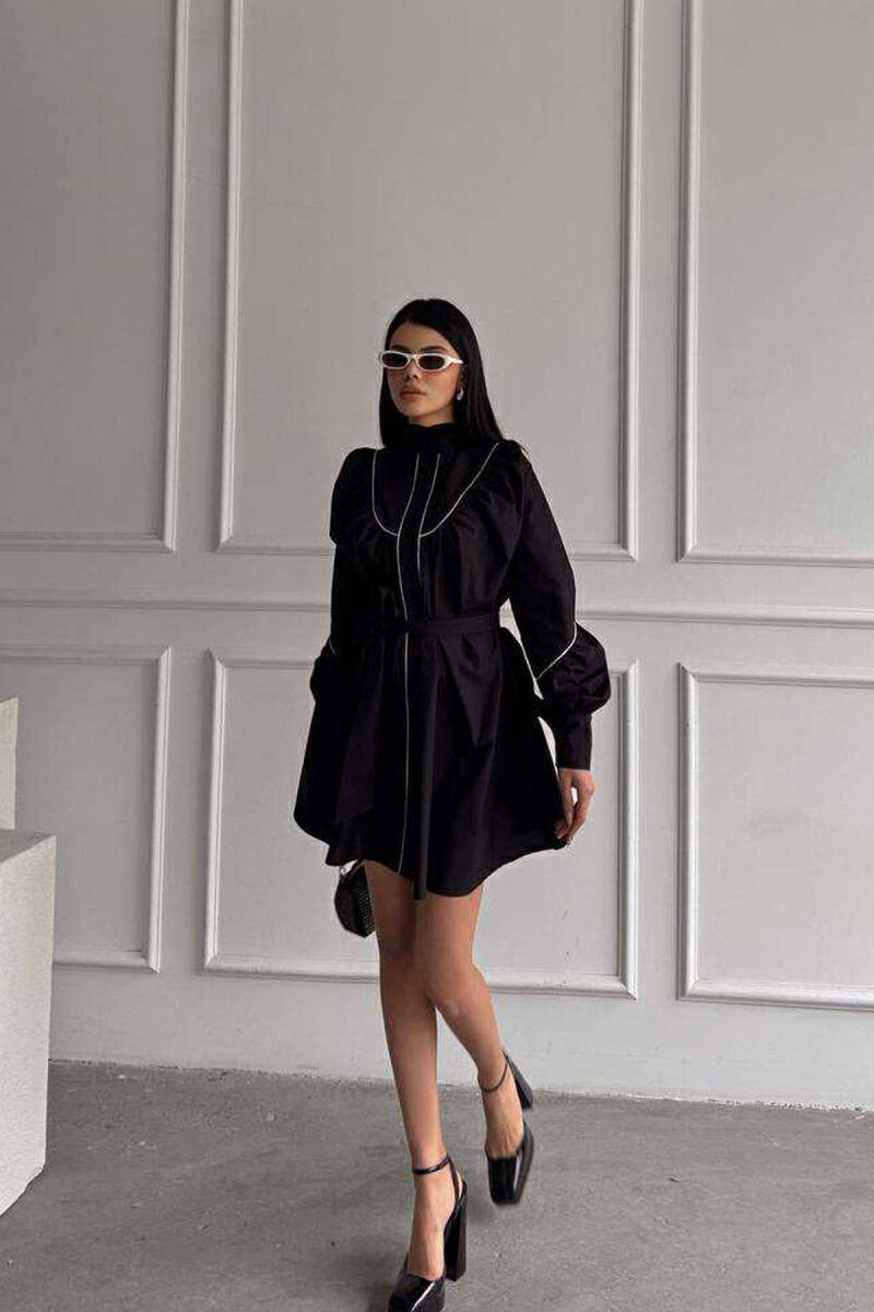 ONE COLOR LONG SLEEVE WOMEN DRESS BLACK/ E ZEZE - 5