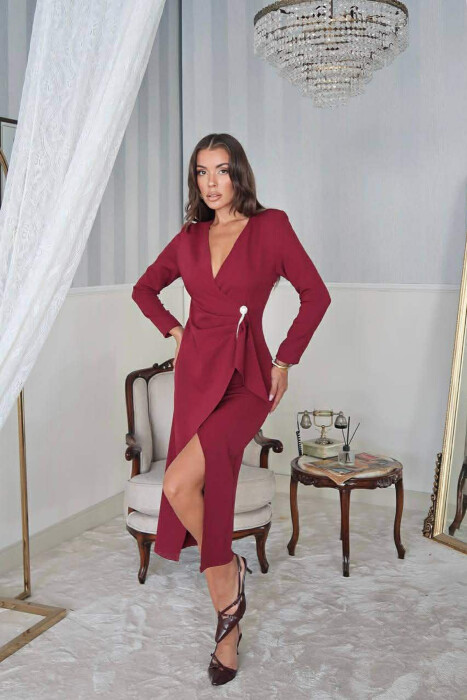 ONE COLOR LONG SLEEVE WOMEN DRESS BURGUNDY/VISHNJE - 1