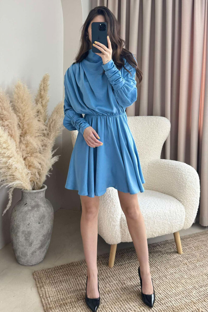 ONE COLOR LONG SLEEVE WOMEN DRESS LIGHTBLUE/BZ - 3