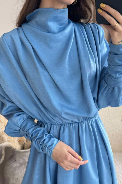 ONE COLOR LONG SLEEVE WOMEN DRESS LIGHTBLUE/BZ - 4