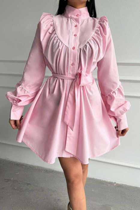 ONE COLOR LONG SLEEVE WOMEN DRESS PINK/ROZE - 2
