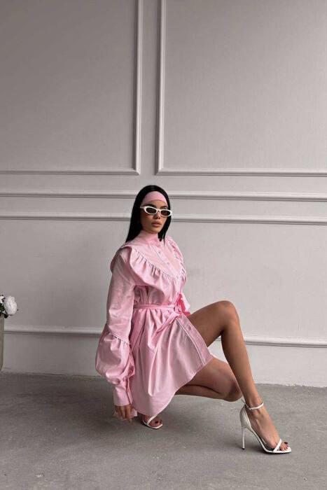 ONE COLOR LONG SLEEVE WOMEN DRESS PINK/ROZE - 3