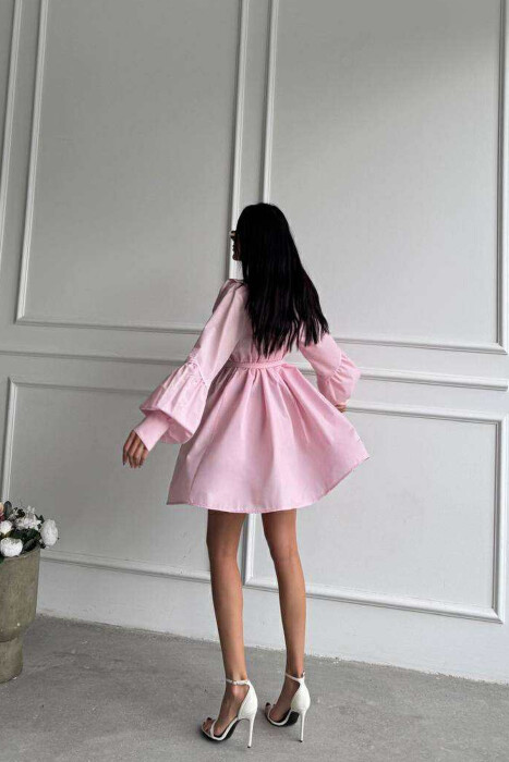 ONE COLOR LONG SLEEVE WOMEN DRESS PINK/ROZE - 5