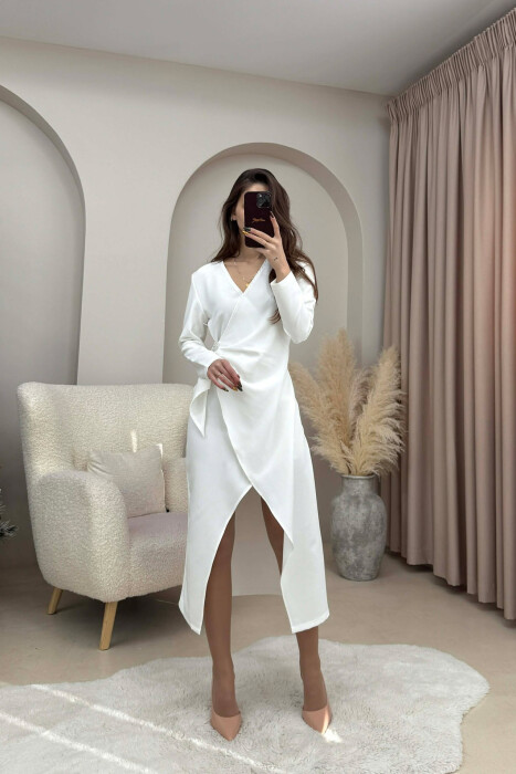 ONE COLOR LONG SLEEVE WOMEN DRESS WHITE-E BARDHE - KLAUDIO FASHION