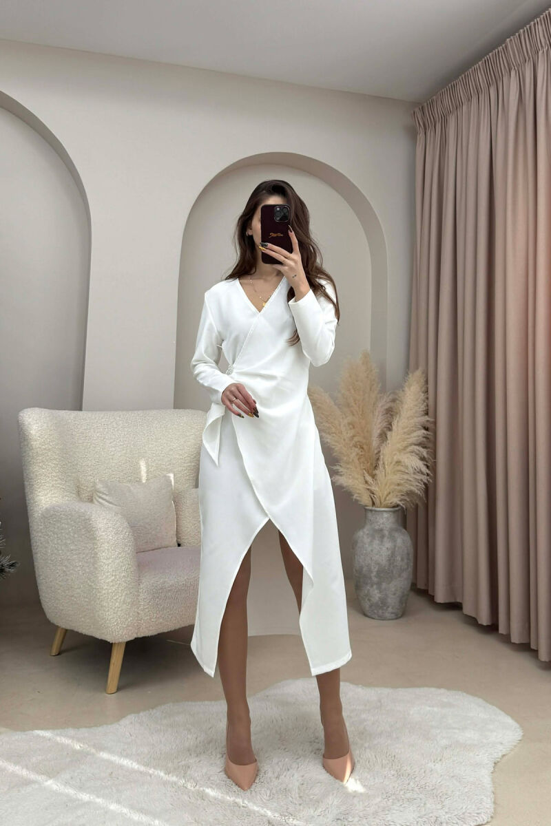 ONE COLOR LONG SLEEVE WOMEN DRESS WHITE-E BARDHE - 1