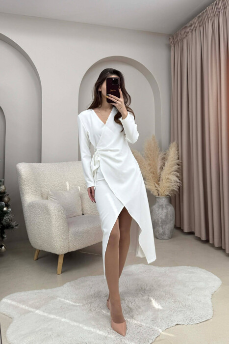 ONE COLOR LONG SLEEVE WOMEN DRESS WHITE-E BARDHE - 2