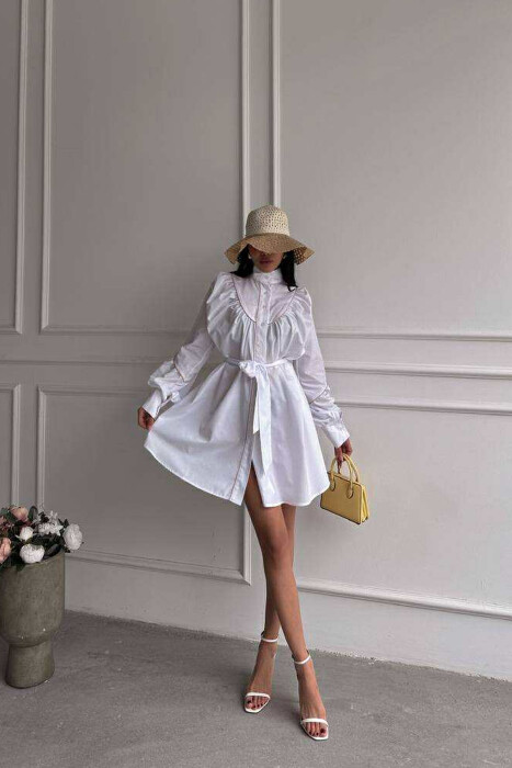 ONE COLOR LONG SLEEVE WOMEN DRESS WHITE-E BARDHE - KLAUDIO FASHION