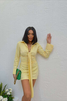 ONE COLOR LONG SLEEVE WOMEN DRESS YELLOW/E VERDHE 