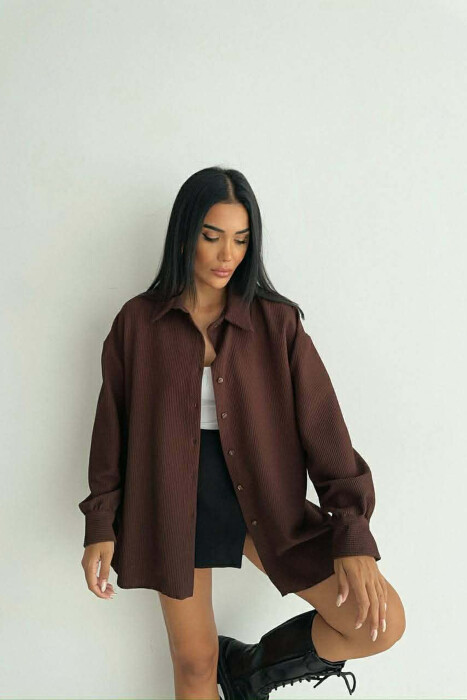 ONE COLOR LONG SLEEVE WOMEN SHIRT BROWN/KAFE - 4