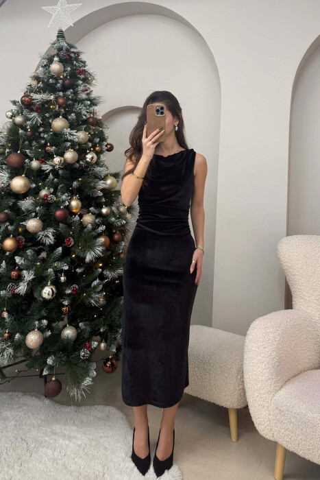 ONE COLOR LONG SLEEVELESS WOMEN DRESS BLACK/ E ZEZE - 1