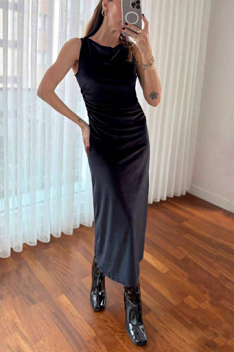 ONE COLOR LONG SLEEVELESS WOMEN DRESS BLACK/ E ZEZE - 1