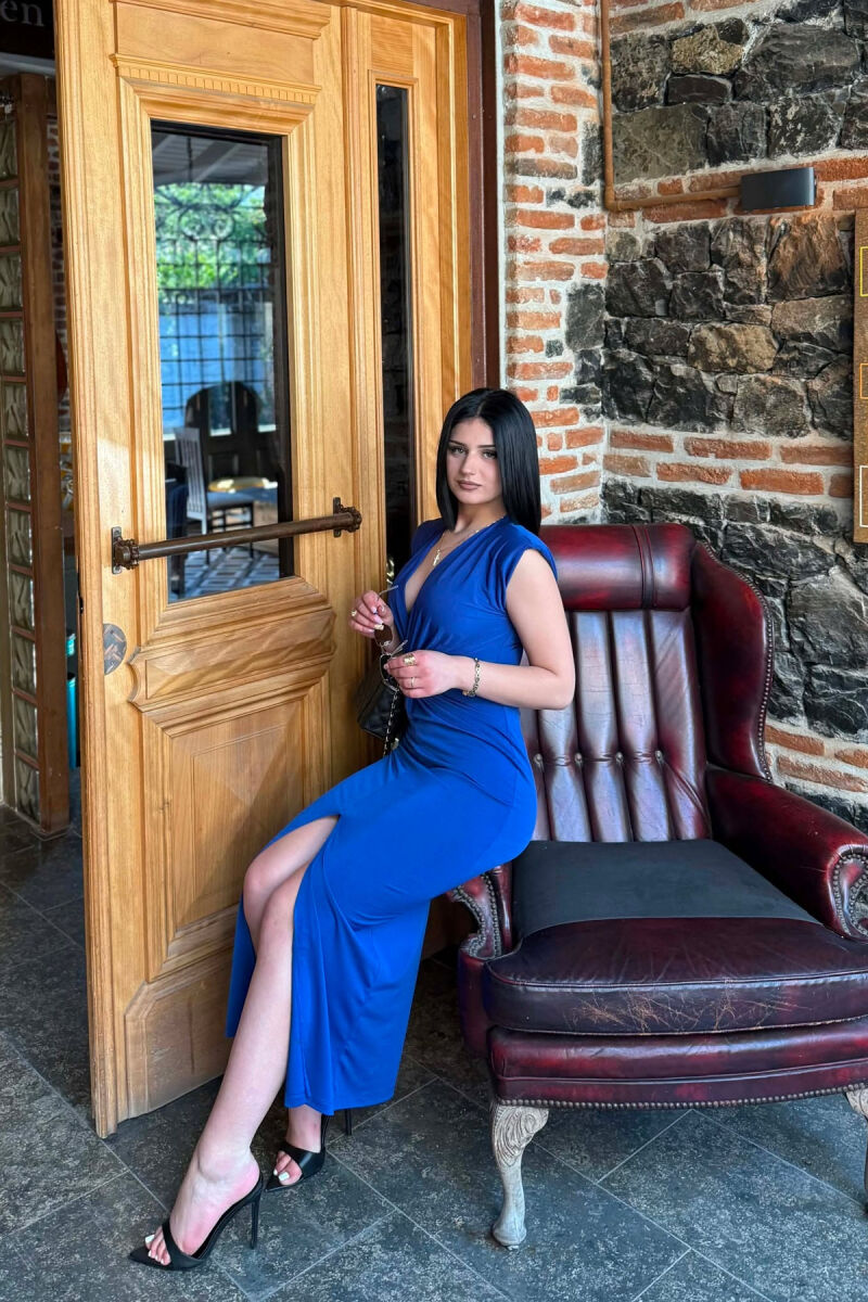 ONE COLOR LONG SLEEVELESS WOMEN DRESS BLUE/BLU - 2