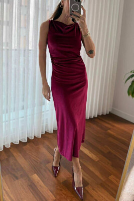 ONE COLOR LONG SLEEVELESS WOMEN DRESS BURGUNDY/VISHNJE 