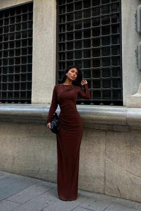 ONE COLOR LONG WOMEN DRESS BROWN/KAFE 