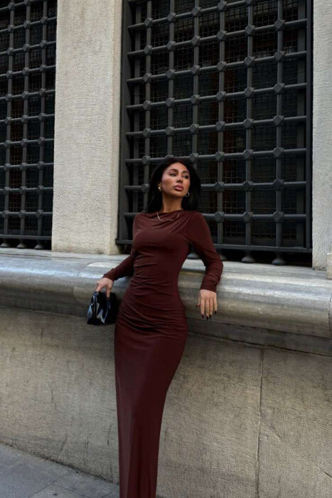 ONE COLOR LONG WOMEN DRESS BROWN/KAFE - 3