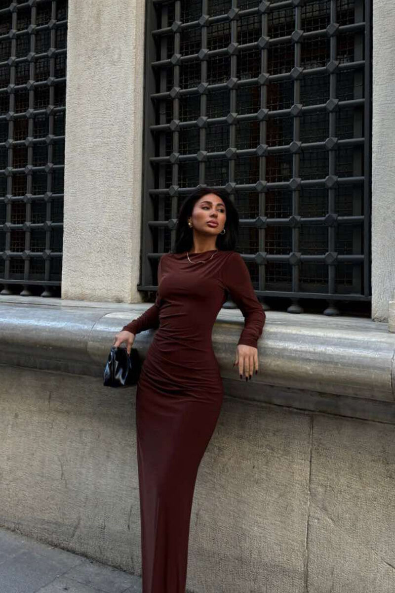 ONE COLOR LONG WOMEN DRESS BROWN/KAFE - 3
