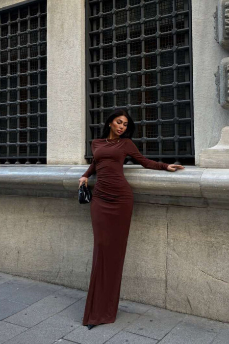 ONE COLOR LONG WOMEN DRESS BROWN/KAFE - 4
