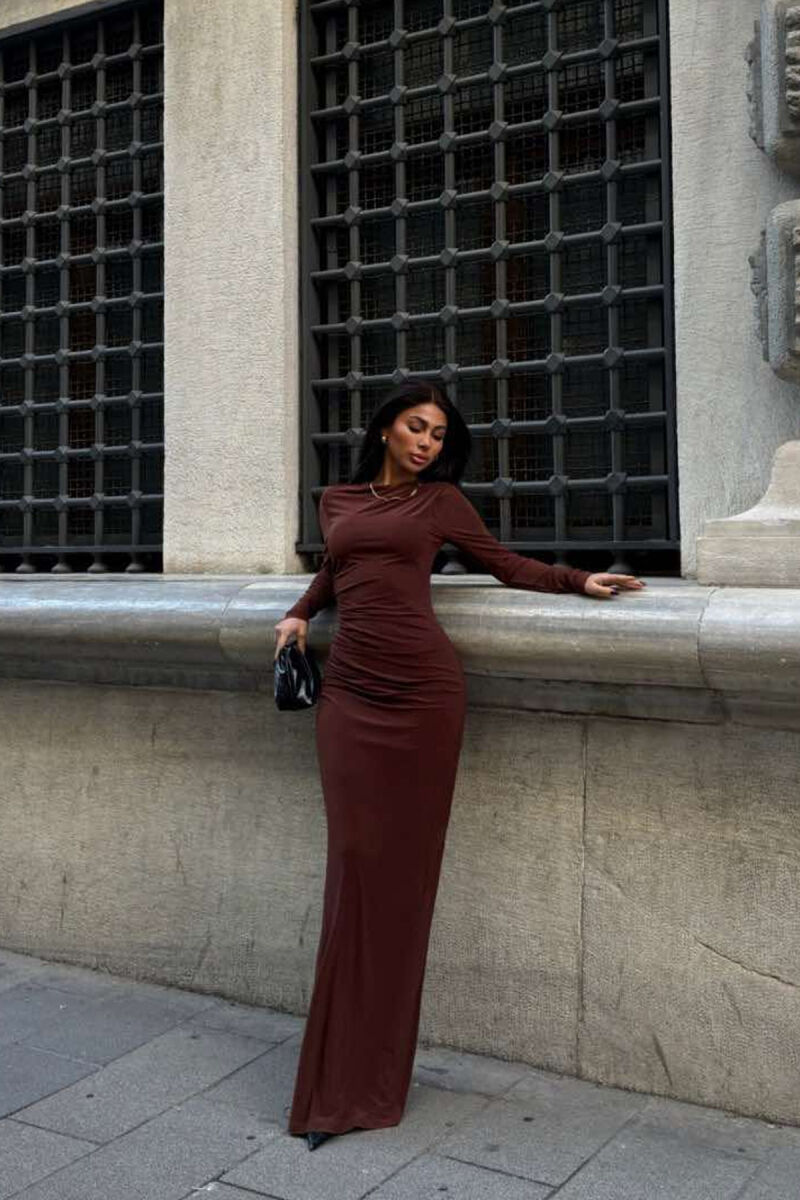 ONE COLOR LONG WOMEN DRESS BROWN/KAFE - 4