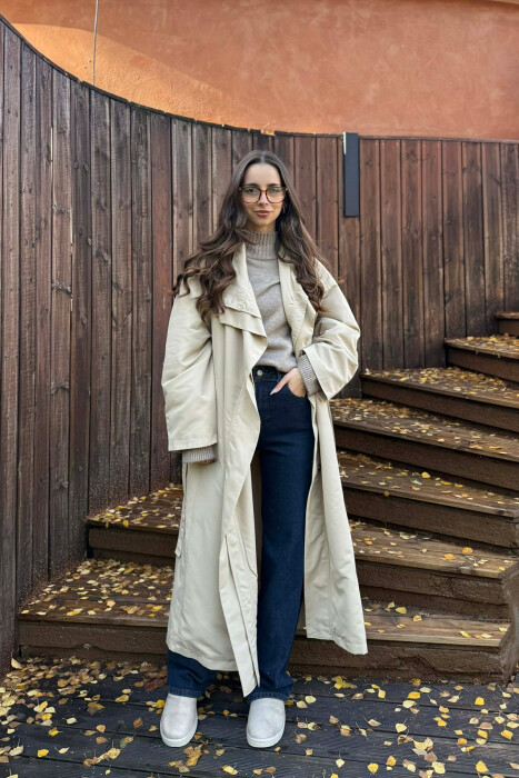 ONE COLOR LONG WOMEN TRENCH COAT BEIGE/BEZHE - 3