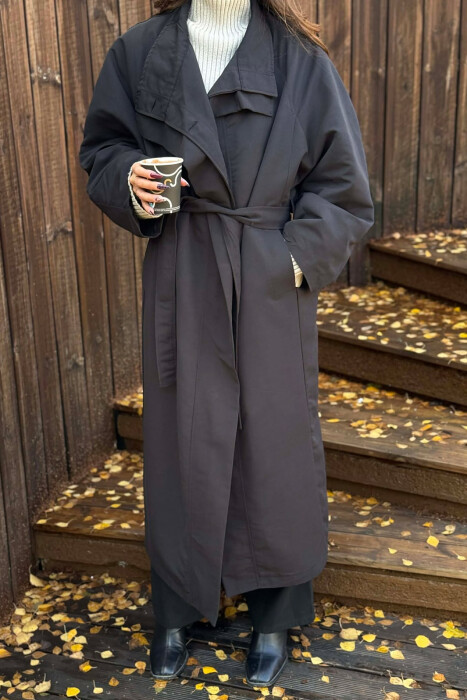 ONE COLOR LONG WOMEN TRENCH COAT BLACK/ E ZEZE - 2