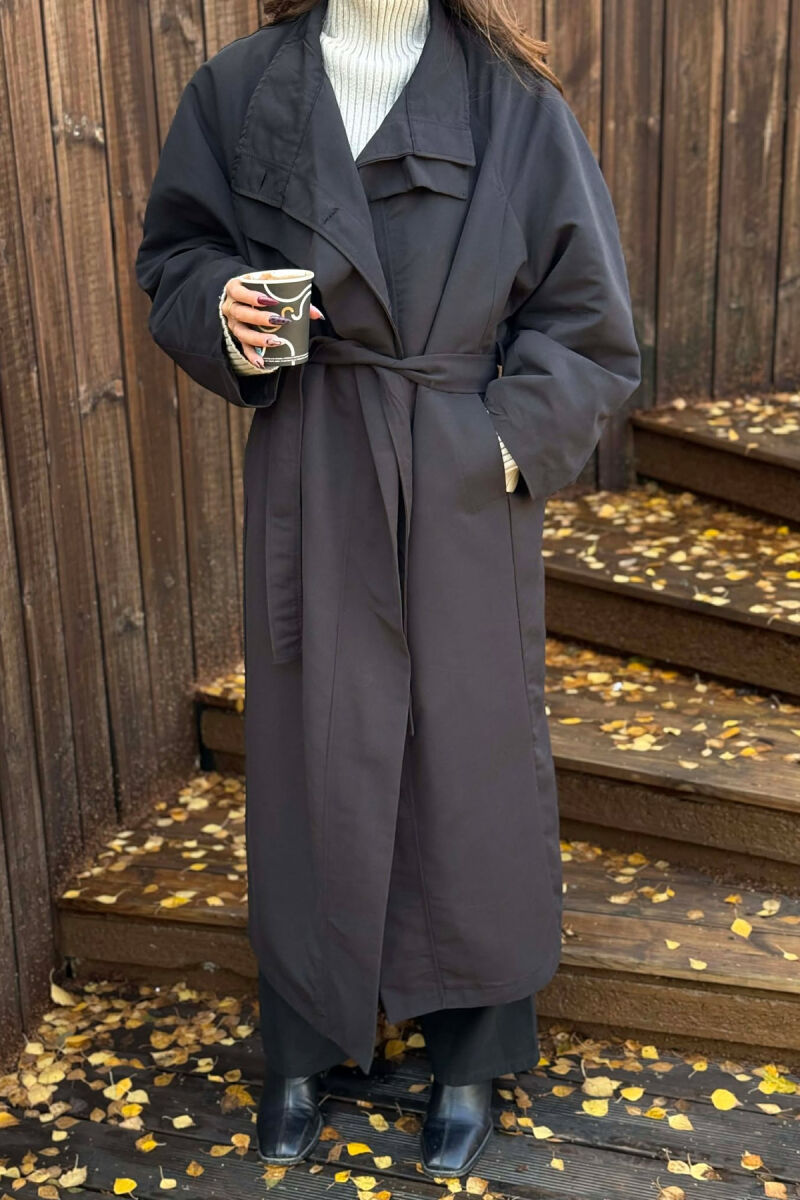 ONE COLOR LONG WOMEN TRENCH COAT BLACK/ E ZEZE - 2