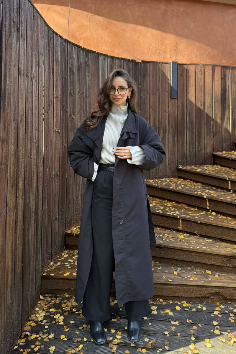 ONE COLOR LONG WOMEN TRENCH COAT BLACK/ E ZEZE - 4