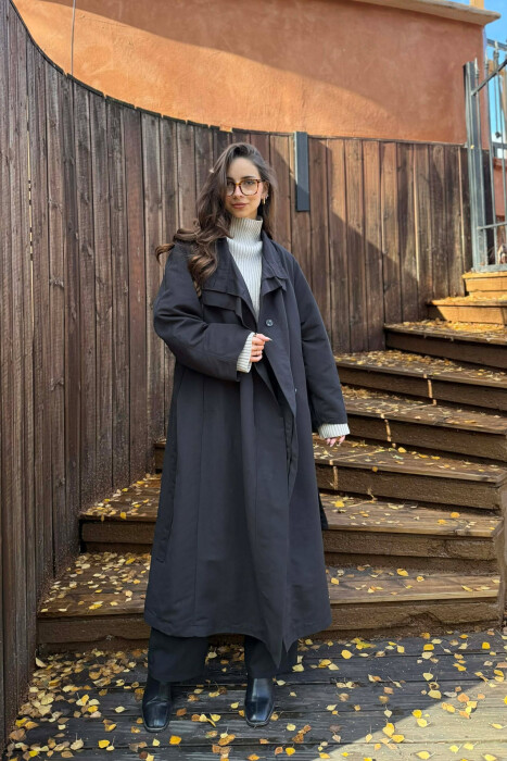 ONE COLOR LONG WOMEN TRENCH COAT BLACK/ E ZEZE - KLAUDIO FASHION