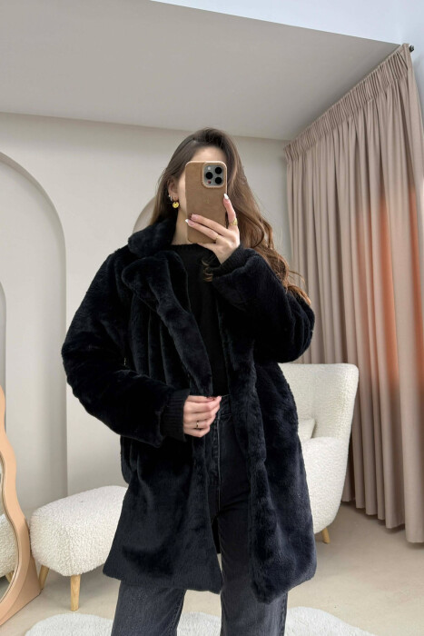 ONE COLOR MEDIUM FUR WOMAN COAT BLACK/ E ZEZE - 3