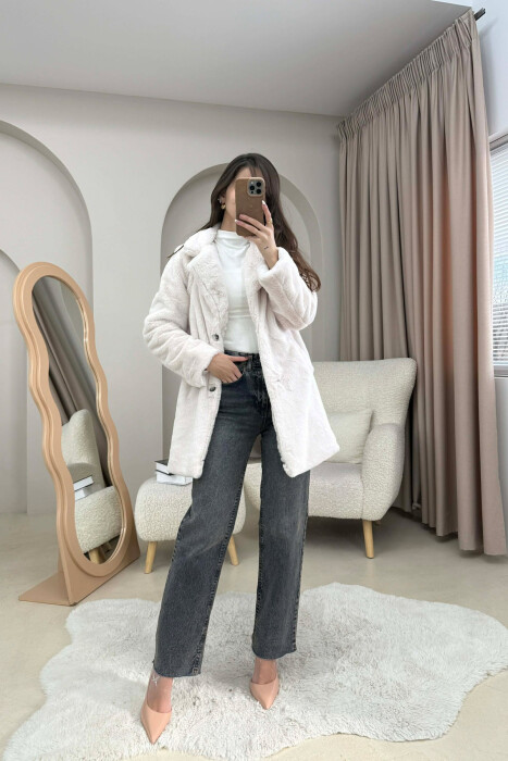 ONE COLOR MEDIUM FUR WOMAN COAT CREAM/KREM - 2