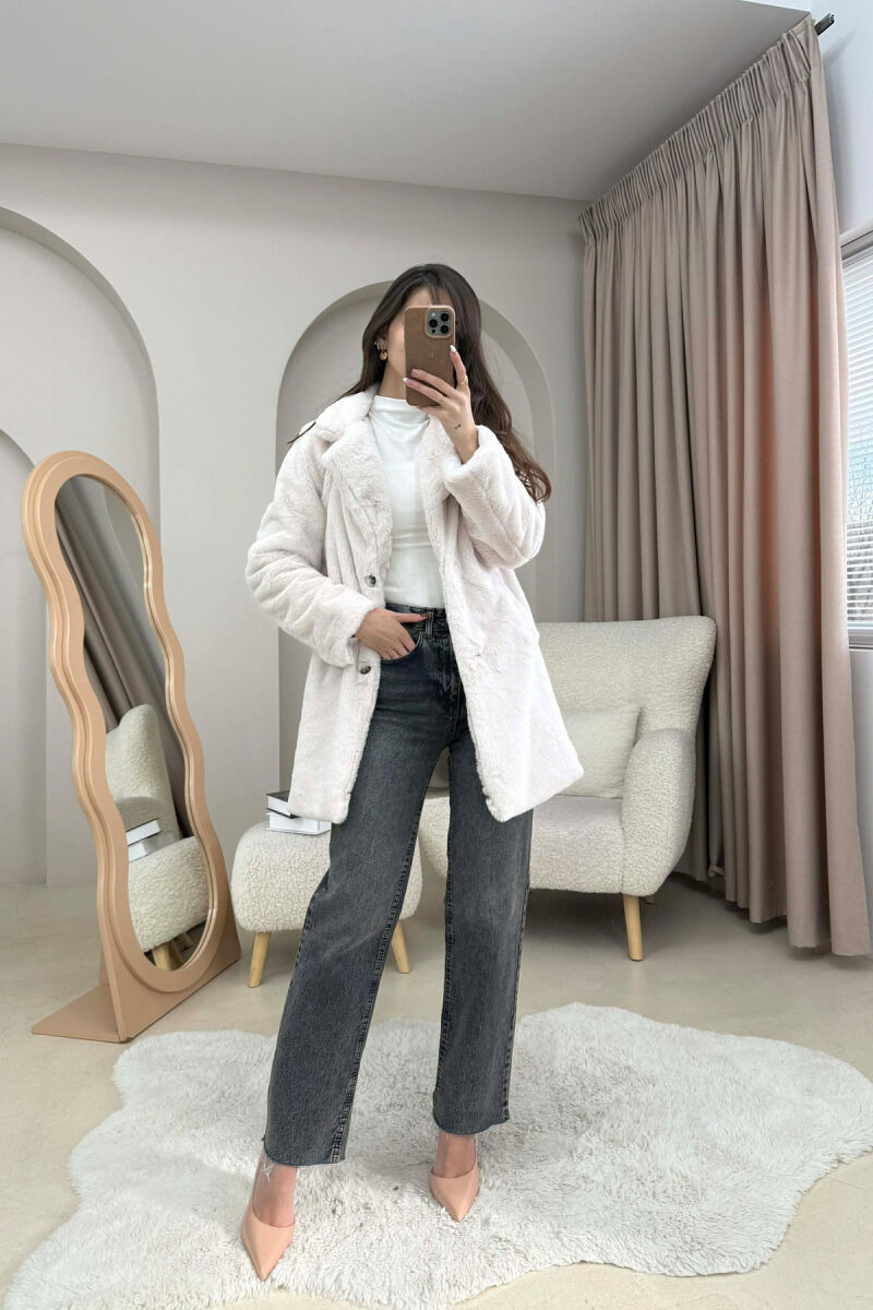 ONE COLOR MEDIUM FUR WOMAN COAT CREAM/KREM - 2