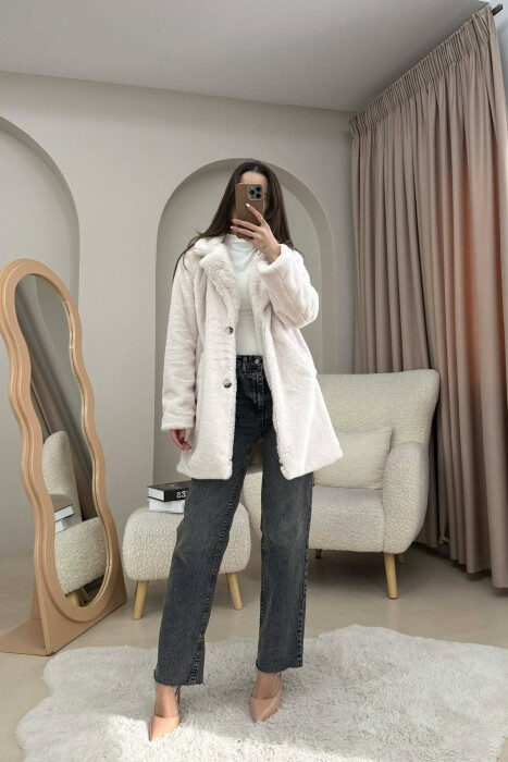 ONE COLOR MEDIUM FUR WOMAN COAT CREAM/KREM - 3