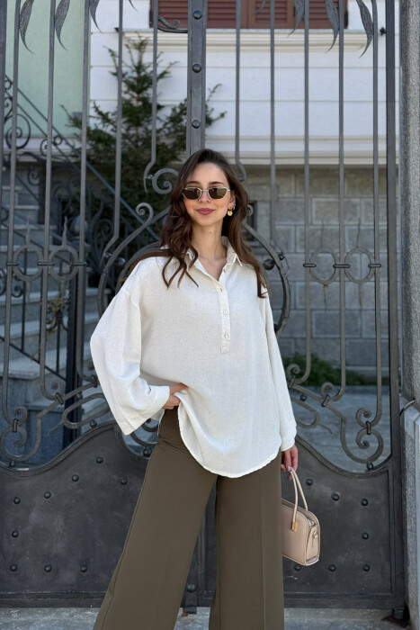 ONE COLOR NECK BUTTONS WOMAN SHIRT CREAM/KREM 