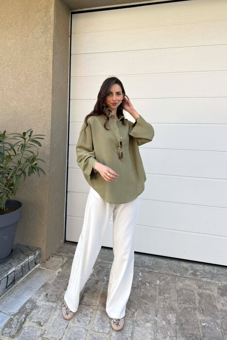 ONE COLOR NECK BUTTONS WOMAN SHIRT OLIVE/ULLI - 1