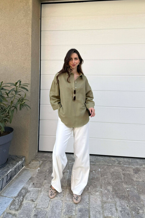 ONE COLOR NECK BUTTONS WOMAN SHIRT OLIVE/ULLI - 2
