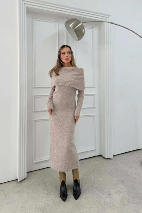 ONE COLOR OFF SHOULDERS WOMAN DRESS BEIGE/BEZHE - 6