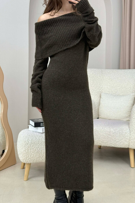 ONE COLOR OFF SHOULDERS WOMAN DRESS DARK BROWN/KAE - 6