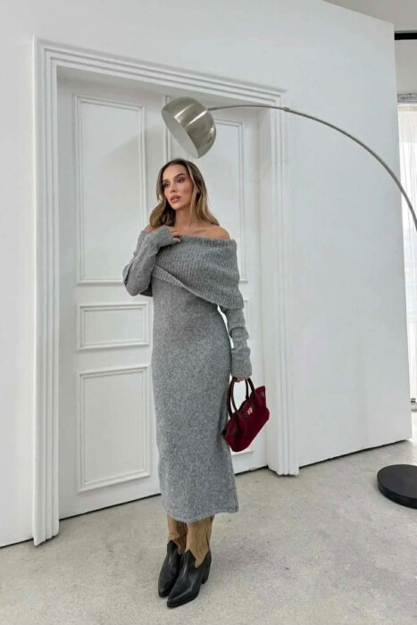 ONE COLOR OFF SHOULDERS WOMAN DRESS DARK GREY/GEE - KLAUDIO FASHION