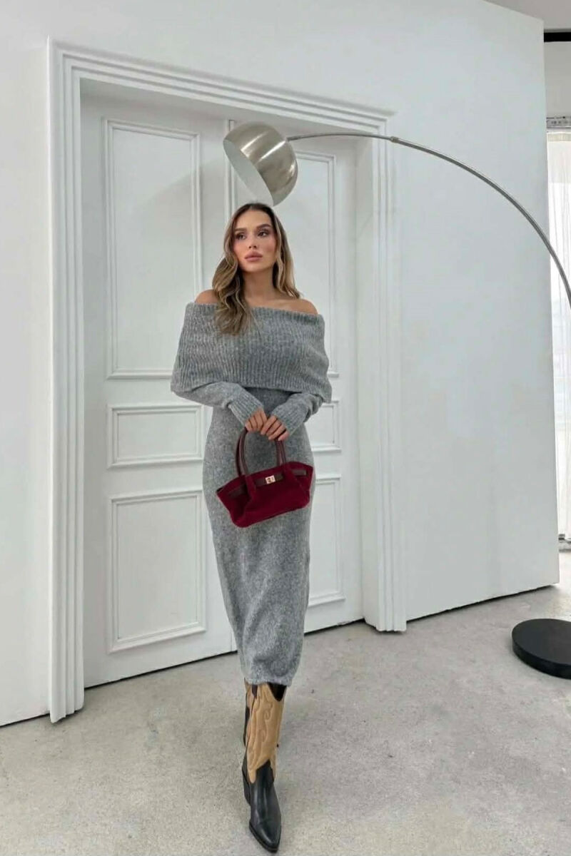 ONE COLOR OFF SHOULDERS WOMAN DRESS DARK GREY/GEE - 6