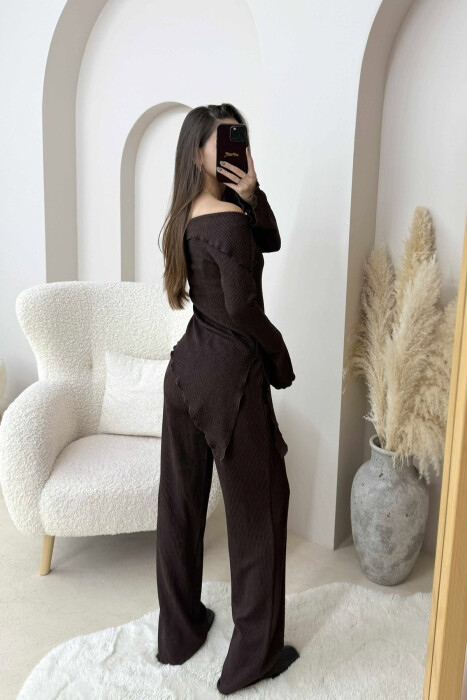 ONE COLOR OFF SHOULDER+TROUSERS WOMEN SET DARK BROWN/KAE - 2