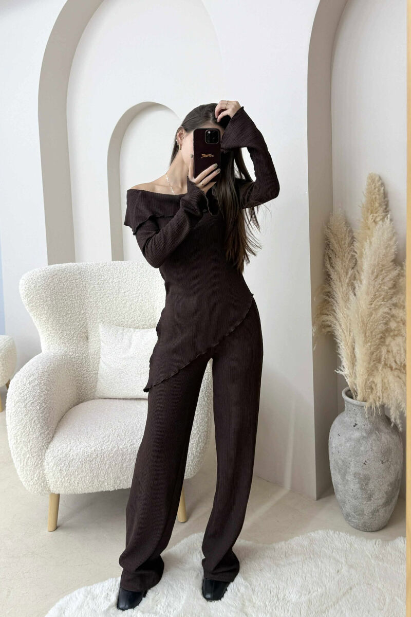 ONE COLOR OFF SHOULDER+TROUSERS WOMEN SET DARK BROWN/KAE - 3
